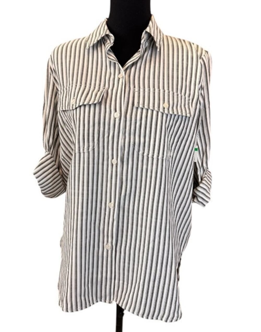 NEW MAX STUDIO White Black Striped Yarn-Dye Button Front Shirt Size XS